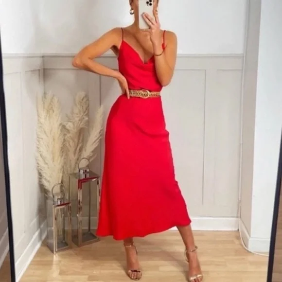 Zara bright Red Satin Effect Lingerie Style maxi Cowl Neck Dress - Picture 8 of 13